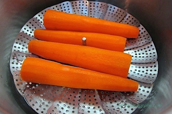 Steamed carrots for carrot dogs from the Spatula Queens